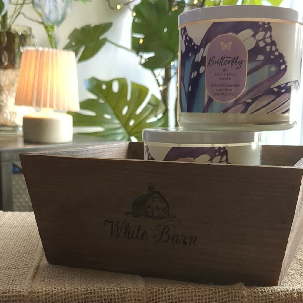💜White Barn Wooden 💜3piece Display Crate with Logo With Two BUTTERFLY CANDLES